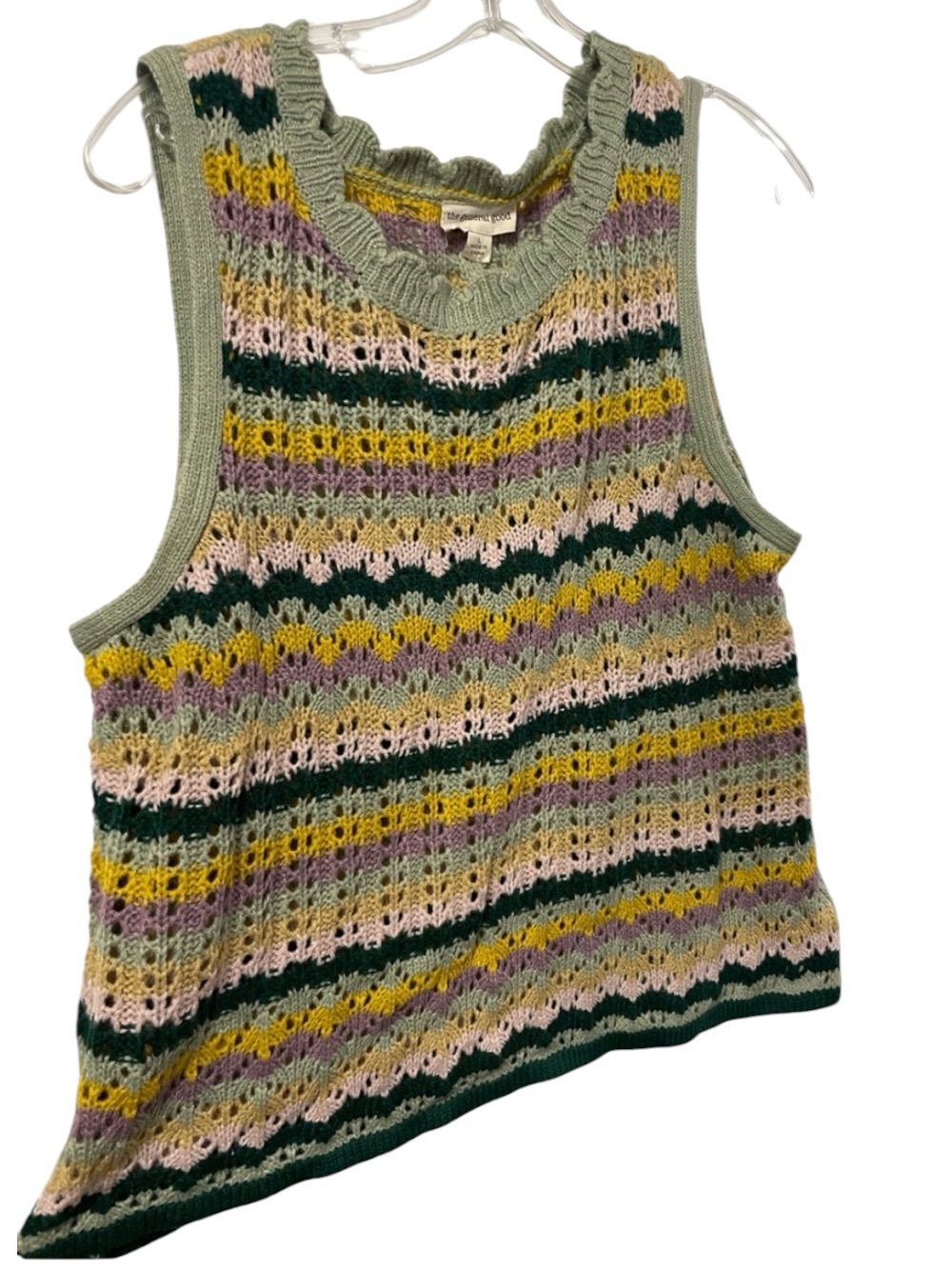 Crochet sweater vest open knit multi stripe pullover cottage boho indie sz L